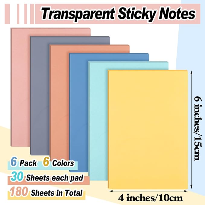 Yinder 4 x 6 Inch Transparent Sticky Notes Translucent Sticky Notes Waterproof Clear Self Memo Pad See Through Back to School Bible Journaling Accessories Office School Supply(Morandi,6 Pcs)