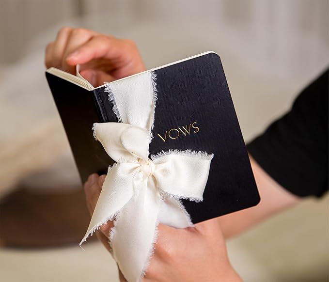 Black White Embossed Slim Vow Books w/Ribbon (Set of 2) - 5.625 x 4 Minimalist Pocket Sized Embossed Wedding Ceremony Vow Renewal Speech Notebook Journal