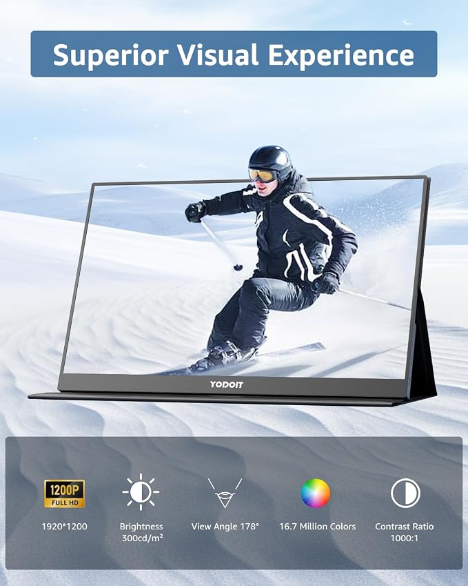 Yodoit Portable Monitor for Laptop 1920×1200 16" FHD Screen IPS Display with USB Type C Port, Built-in Speakers and Smart Cover Compatible with PC, MacBook, Xbox (Black)