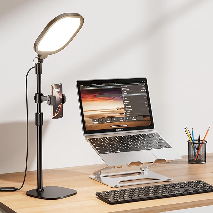 Desk Ring Light with Stand and Phone Holder, 3000K-6500K Adjustable Computer Ringlight, Video Conference Light for Zoom Meeting, Video Calls, Webcam, Desktop Light for Video Recording, CRI 97.8
