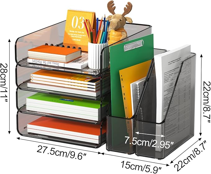 FANXIYQ 4-Tier Brown Acrylic Paper Tray Organizer with 2 Bookends | Tool-Free Stackable 1-4 Tier Design with 2 Bookends for Files, Folders and A4 Paper; For School, Home Office and Study Room