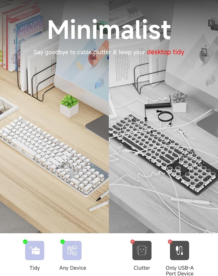 SEUNKWANG EWEADN TK950 Typewriter Keyboard Wireless Mechanical Keyboard, 104 Keys Aesthetic Typewriter Keyboards with White Backlit, Anti-Ghosting, Blue Switch Bluetooth/2.4GHz/Wired Keyboards-White