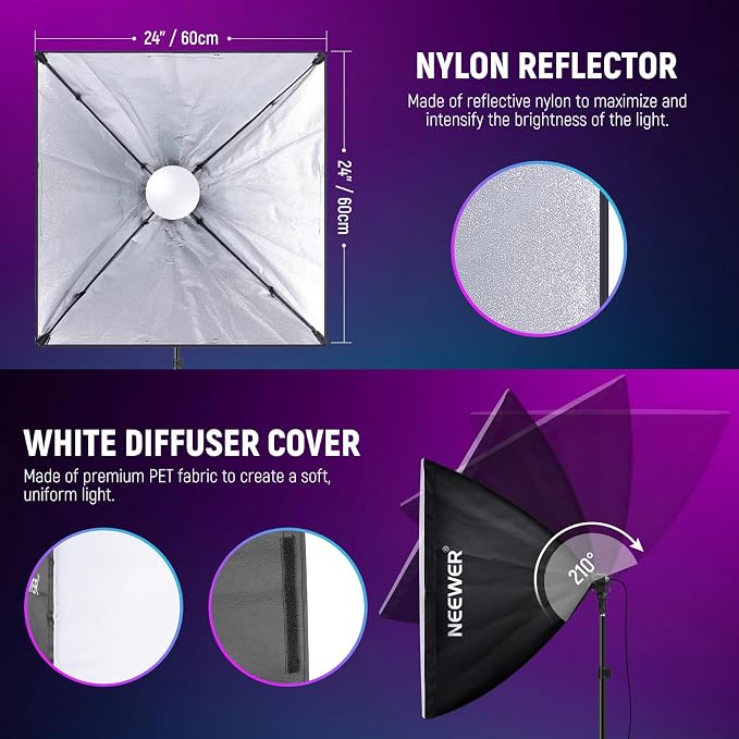 NEEWER 2 Pack 520W Equivalent RGB Softbox Lighting Kit with App Control & 9 Effects, 26W LED Bulbs CRI93+ TLCI98+, E26 Porcelain Sockets, 24" Softboxes for Studio Photography Lighting, NK800