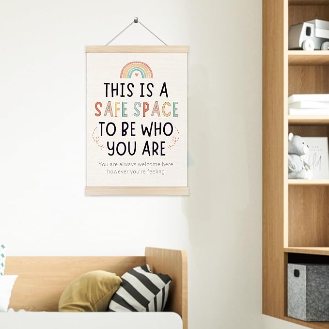 Welshower Boho Rainbow Classroom Safe Space Poster Hanger Frame, Calming Corner Wall Art Prints Decor for Counselor Therapy Office Classroom Calm Down Corner, 12x16 Inch