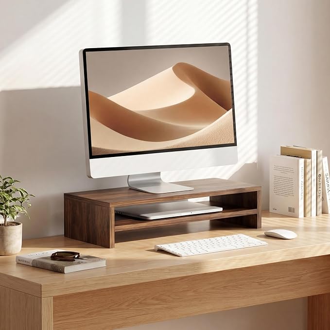 FITUEYES Wooden Monitor Stand Riser, 2-Tier Desk Storage Shelf, Brown | 21.3-Inch Desktop Organizer Fits Laptop, Computer Screen and Office Supplies