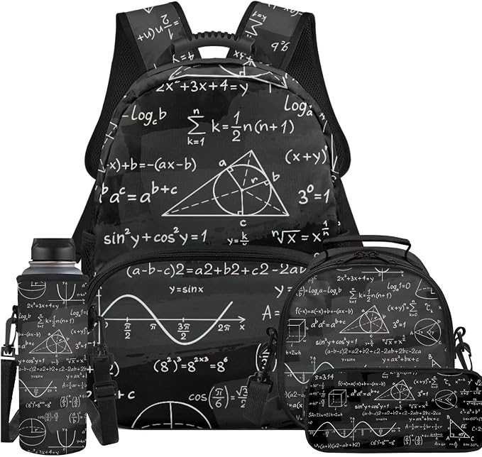 Ystardream Math Equation Backpack Purse for Boys Girls Backpack and Lunch Box with Water Bottle Sleeve Pencil Case Set of 4 Kids Elementary Bookbag Daypack for Camping Travel Sports