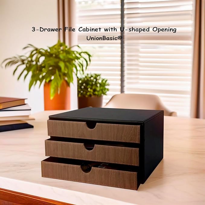 UnionBasic Document Organizer, 3-Drawer File Cabinet Document Storage Box, Office Desktop Filing Organizer, Black with Wood Grain Drawers