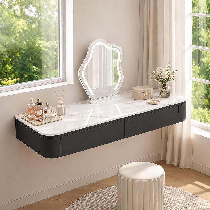 Floating Makeup Vanity Desk With Drawers Wall Mounted Makeup Table With Storage Fully Assembled Floating Vanity Desk Space Saving Modern Dressing Table For Bedroom Closet(Black Marble,39.3")