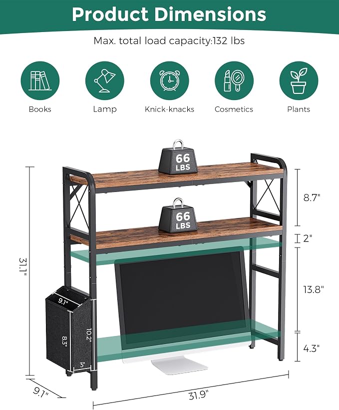 Desk Hutch Dorm with Adjustable Shelves and Side Pockets | 2-Tier Desktop Bookshelf Organizer, Monitor Stand, Large-Capacity Display Shelf Rack for Home Office or Study, Rustic Brown