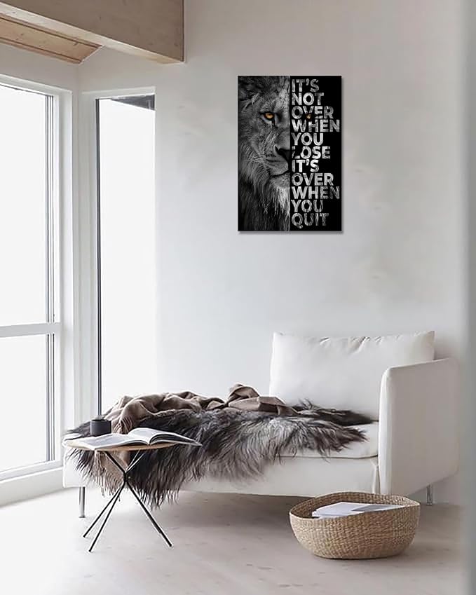 Lion Head Prints Canvas Inspirational Wall Art Black and White Animals Poster Motivational Quote Picture for Office Decor Framed Ready to Hang 20x30inches