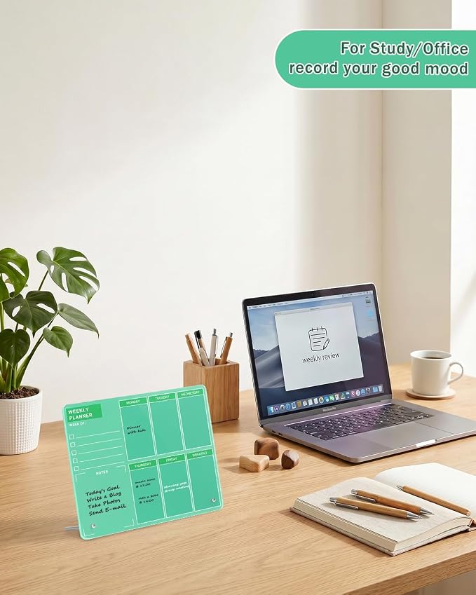 Desktop Thickened Acrylic Dry Erase Board, Weekly White Board with to Do List, Tabletop Whiteboard with Stand, Frameless Dry Erase Green Board，9.8"x11.8" for Office, Home, School(Desktop-GRN-2530)