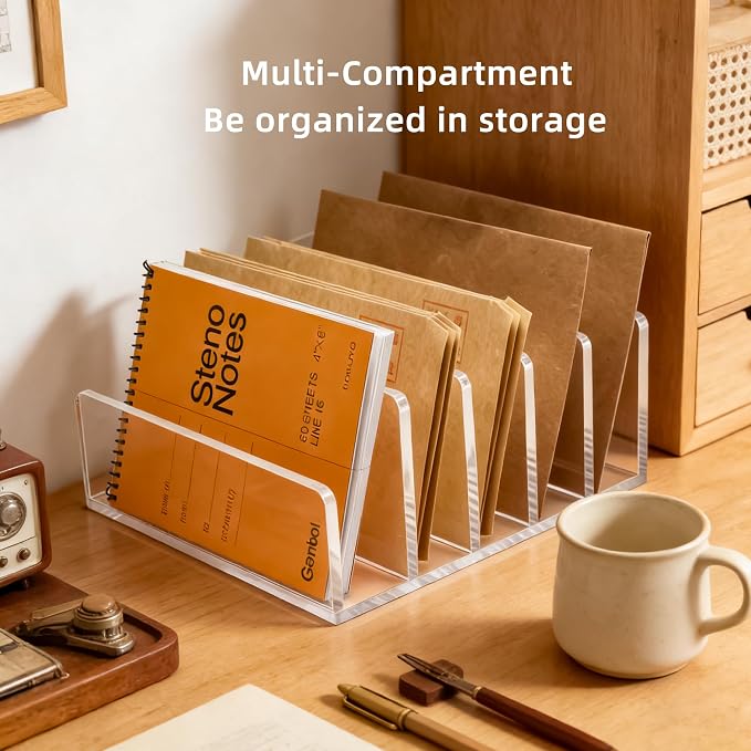 Clear Acrylic 5-Compartment Mail & Letter Desk Organizer | 5mm thick, 5 compartments organize mail, bills, letters & more. Crystal clear acrylic, non-slip pads. No assembly.
