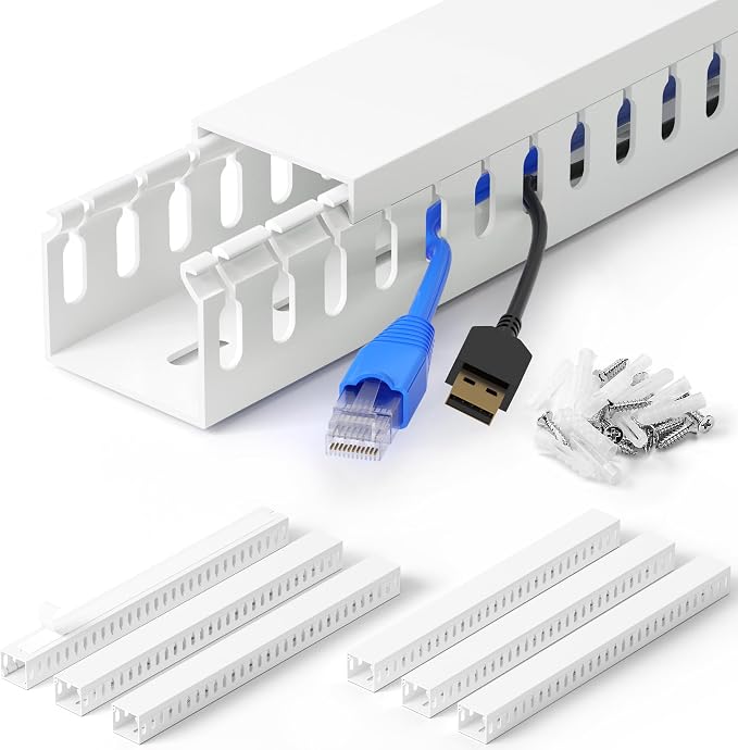 1.4"H x 1.6"W Cable Raceway, 99in Under Desk Wire Management Channel, White | Slotted Wire Duct, 6Pack, 16.5in Each, Heavy-Duty PVC Cable Management for Server Racks, Network Cables & Electrical Cabinets