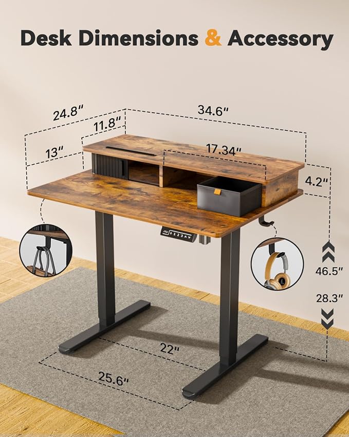 JOY worker 35" Small Electric Adjustable Desk with Monitor Stand & Drawer | Rustic Brown 35" x 25" Height Adjustable Desk for Tight Space, Shutter Door & Shelf, Sit Stand Desk with 2 Hooks, Home Office
