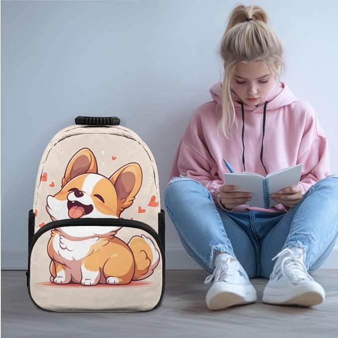 Ystardream Kids School Backpack with Lunch Box Kawaii Corgi Backpack for Girls Elementary School Large Rucksack Daypack with Pencil Case,Water Bottle Sleeve 4 Piece School Supplies for Boys and Girls
