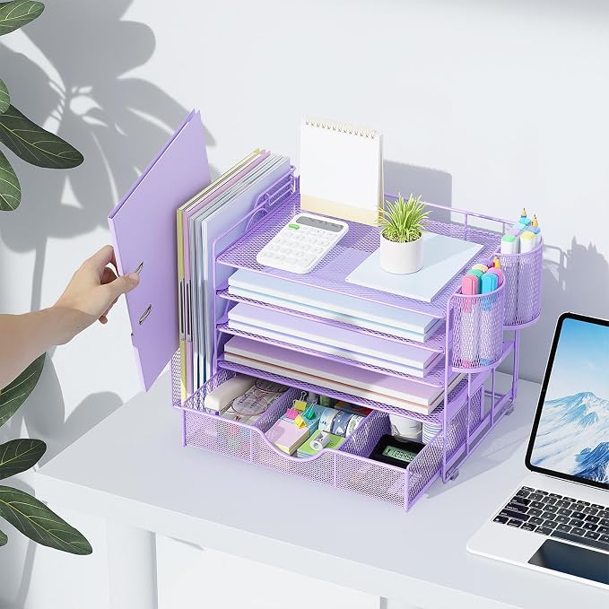 gianotter 5-Tier Desk Organizer with Drawers and File Holders | Letter Trays and Pen Holders - Workspace Accessories for Office Supplies (Light Purple)