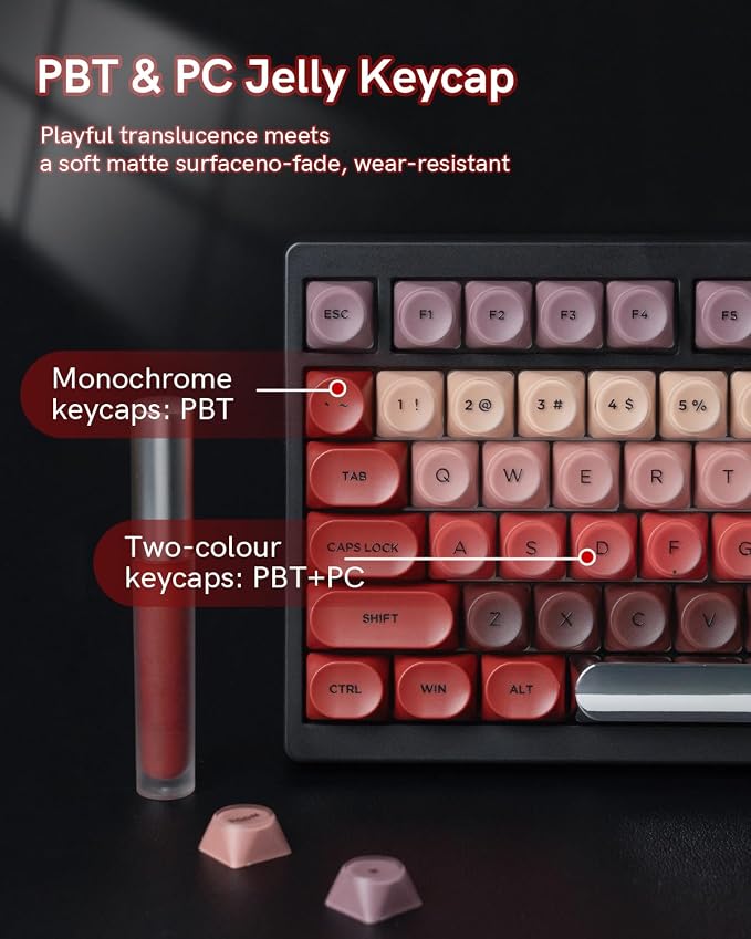 PBT Keycaps, Matte Red Lipstick Jelly Keycaps MOA Profile, 129 Keys Elegant Cute Custom Key caps for 61/68/84/87/98/100 Cherry Gateron MX Mechanical Keyboards, No Tear & Never Fades