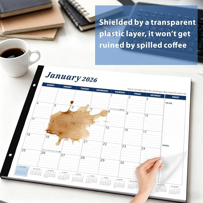 2026 Desk Calendar Large 22x17 Inches,Large Desk Calendar 2026-2027,18 Month,Suitable For Home,School Or Office,With Plastic Cover,Monthly Calendar(Blue)