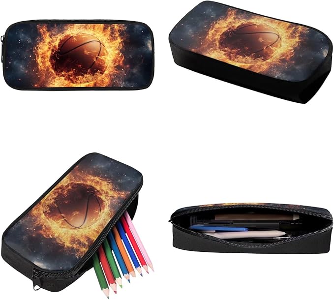 Fire Basketball Kids Backpack Large Capacity School Bag Book Bag for Kindergarten Boys Book Bag 3pcs School Bag Set with Lunch Box Pencil Case Back To School Supplies