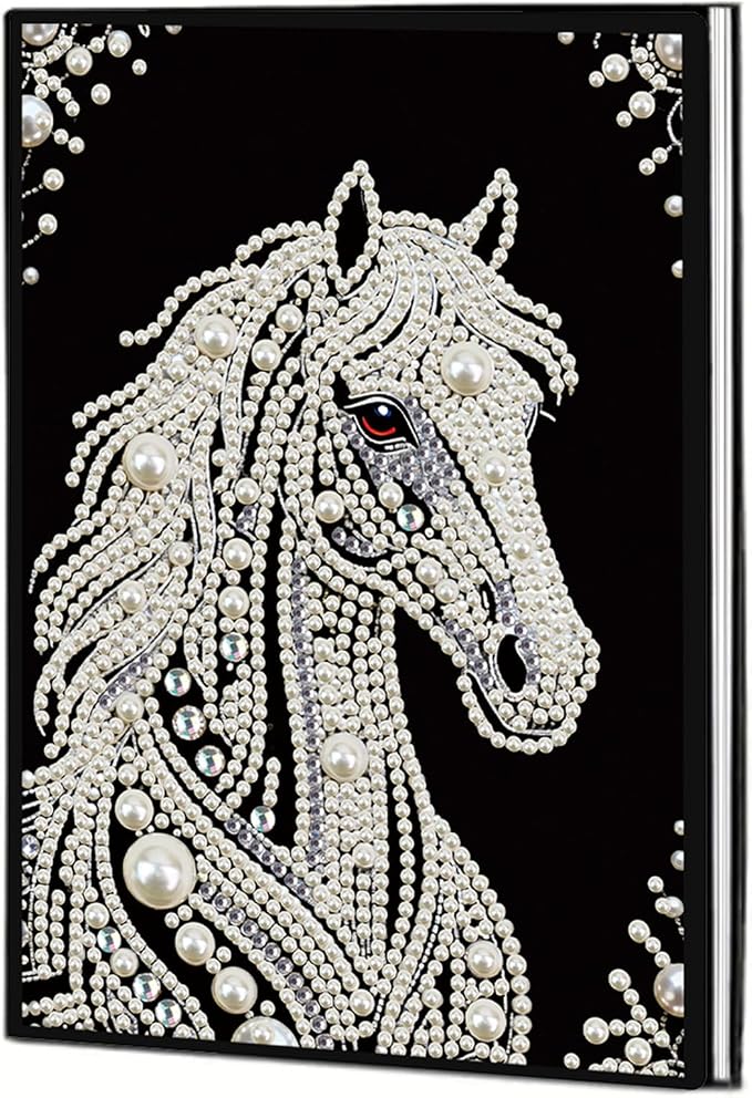 FRANDEK Pearl Painting Notebook Kit, Black and White Horse A5 DIY Journal with 50 Blank Pages, Diamond Gem Art Cover with Waterproof Canvas, Beginner Craft Set with Full Tools for Adults