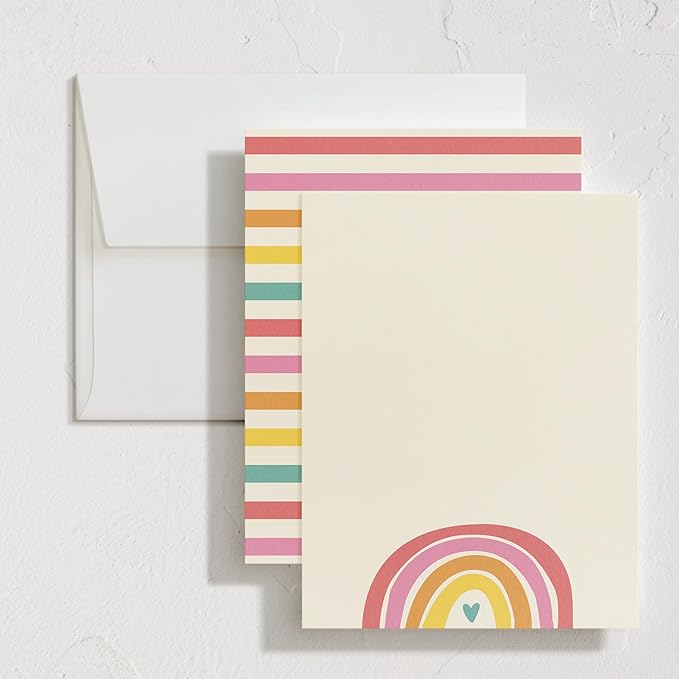 Minted Cheerful Stationery Set, Set of 10, Flat Note Cards & Envelopes for Invitiations and Handwritten Thank You Messages, Rainbow with Heart Accent, Gifts for Teachers