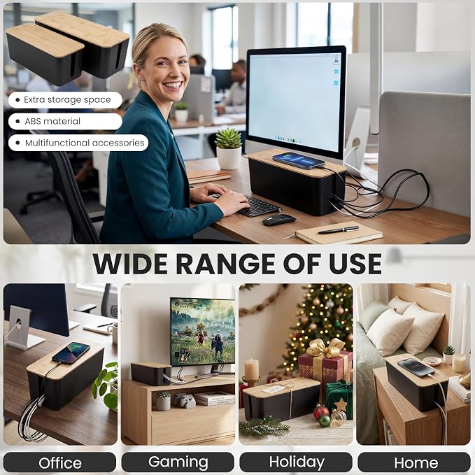 2 Pack Cable Management Box - Cord Organizer Box with Wooden Lid for TV Wires, Power Strips, Router, USB Hub & Under Desk Power: Baby & Pet Proof Cord Management, Cord Hider for Home & Office(Black)