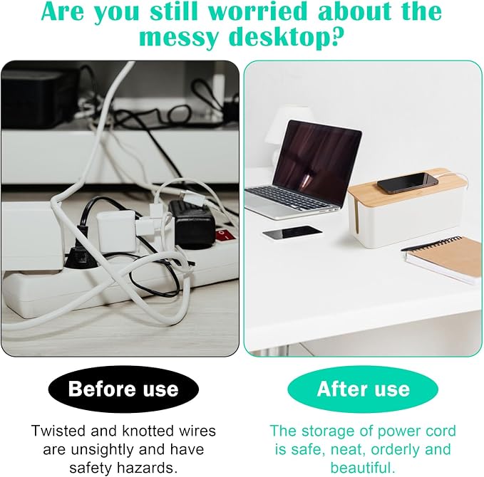 Cable Tidy Box White Cable Box with Bamboo Lid Cable Organiser Cable Management Box for Hiding Cables and Plugs