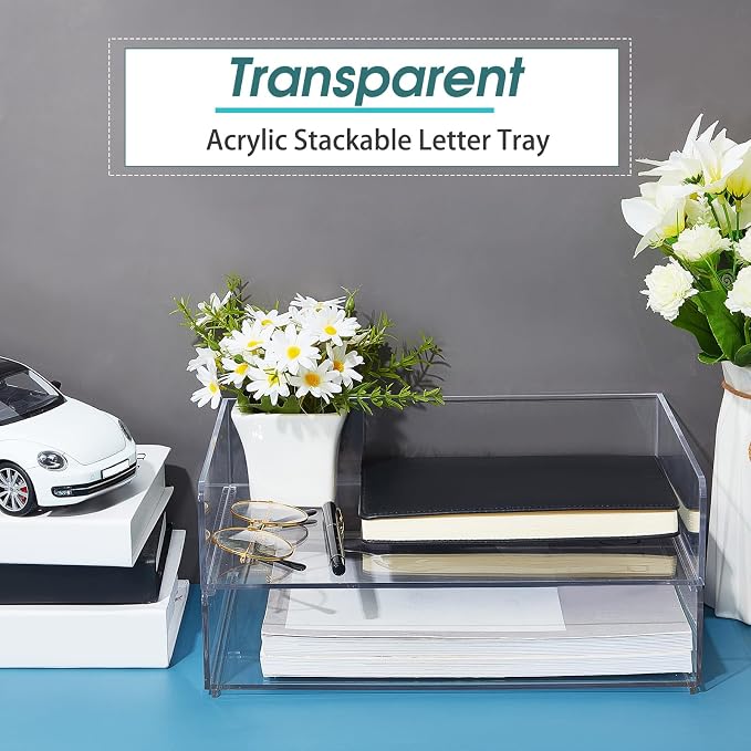 Yulejo 2 Pcs Stackable Acrylic Desk Organizers Paper Tray Storage Tier Accessories Paper File Office Organizer Tray Stackable Document Clear Desk Accessories for Office Workspace Organization