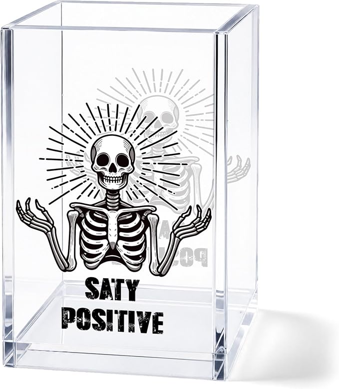 Skeleton Acrylic Pen Holder Cup, Stay Positive Funny Desk Decor, Goth Pencil Holder Organizer, Skull Office Accessories, Cute Coworker Gift for Women Men