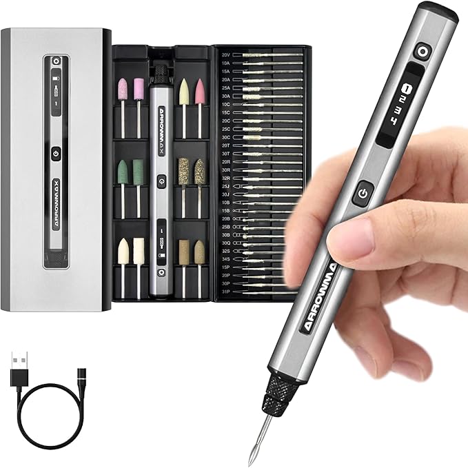 Electric Mini Engraving Pen, HollowCup Motor, 42 Bits with Aluminum Case, OLED, Magnetic Charge, Mini Cordless Rotary Tool, Engraving Pen for Bead, Metal, Wood, Glass and Plastic (SGS)