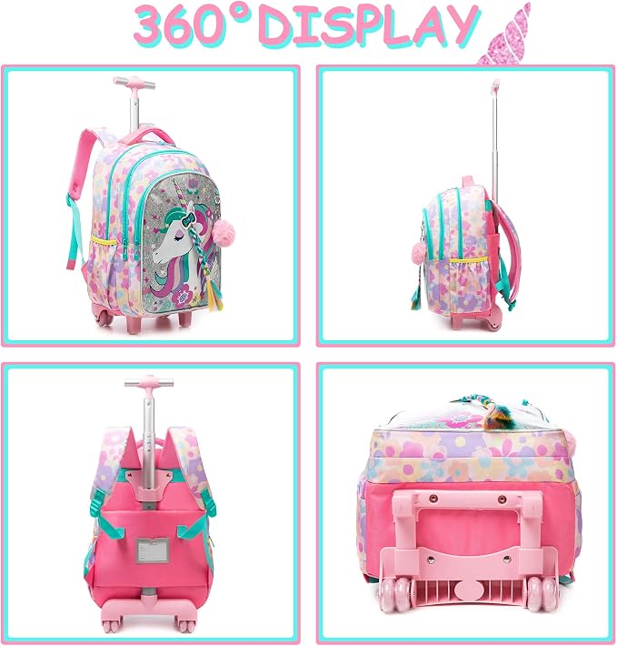 Unicorn Rolling Backpack for School Backpack with Wheels Backpack for Girls Primary School Kids Backpack Daypack Elementary Students for Girls Backpack for Travel