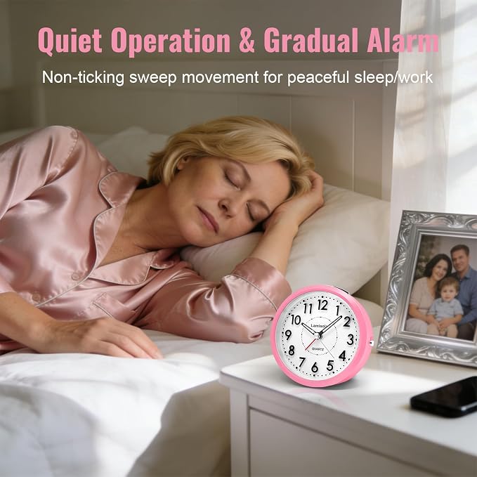 Lamisola 4 Inch Alarm Clock for Bedrooms, Small Analog Desk Clock, Pink | Battery Operated Bedside Clock for Bedroom Bathroom Home Nightstand Shelf, Night Light Snooze, Minimalist Clocks for Seniors