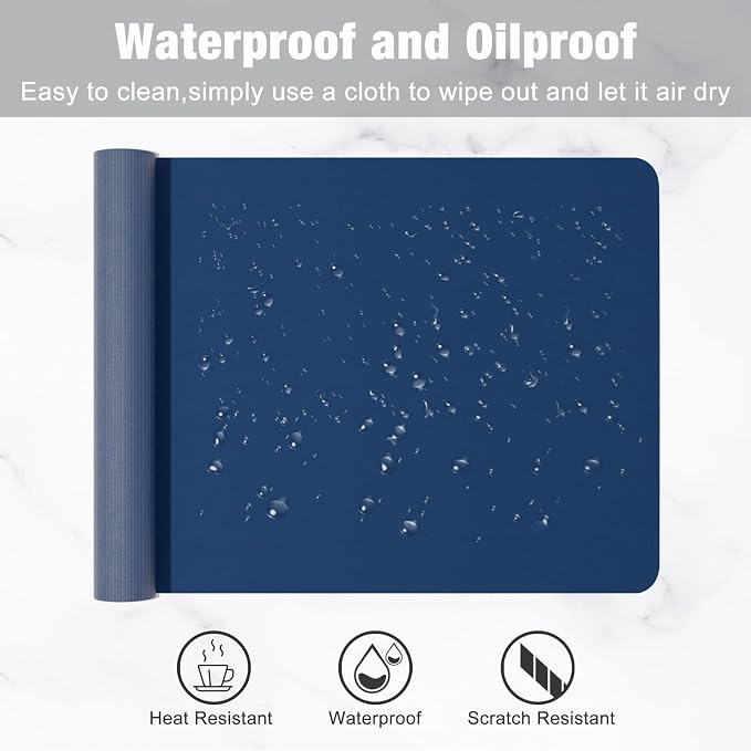 Hsurbtra Desk Pad, 23.6" x 13.8" PU Leather Desk Mat, M Extended Mouse Pad, Waterproof Desktop Blotter Protector, Non-Slip Ultra Thin Small Laptop Keyboard Writing Mat for Office Home, Navy Blue