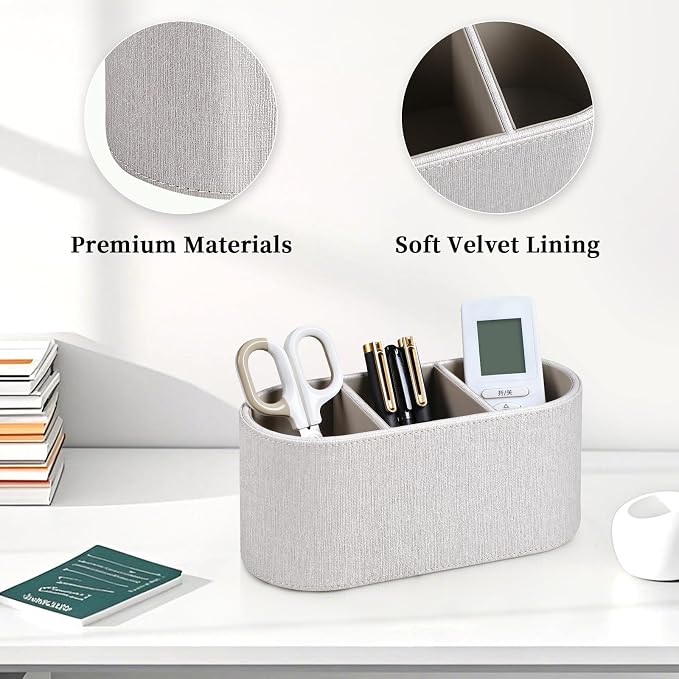 Aesthetic Remote Control Holder, PU Leather Remote Holder Desktop Organizers with 3 Compartments for Home Office Supplies and Accessories, Stylish Bedside Nightstand Organizer (Linen)
