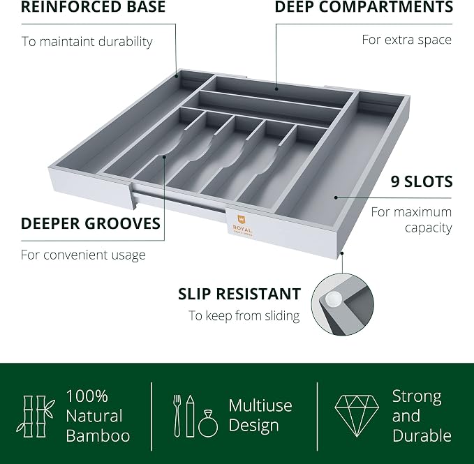 Luxury Bamboo Kitchen Drawer Organizer - Silverware Organizer - Utensil Holder and Cutlery Tray with Grooved Drawer Dividers for Flatware and Kitchen Utensils (9 Slot, Gray)