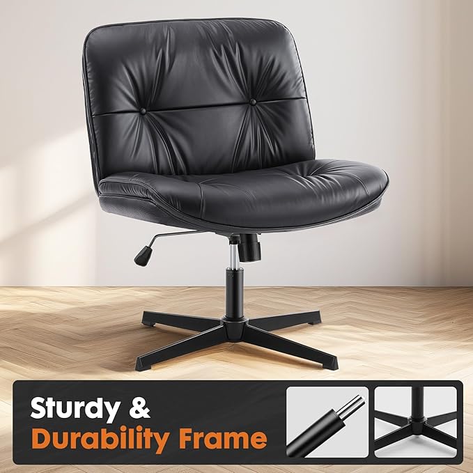 Sweetcrispy Criss Cross Armless Office Chair - PU Leather Adjustable 360° Swivel Wide Seat with Thick Padding, Ergonomic Rolling Computer Desk Task Chair for Modern Vanity & Makeup