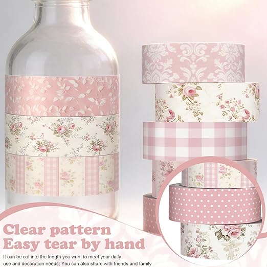 12 Rolls Watercolor Floral Washi Tape Set 15 mm Vintage Flower Decorative Masking Tape for Summer School Arts DIY Craft Scrapbook Journal Supplies Gifts(Light Pink,Polka Dots and Floral)