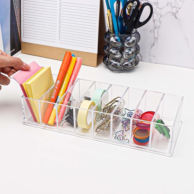NatSumeBasics Clear Drawer Organizer 8-Section Desk Compartment Acrylic Tray Holder for Storage Cards Notepads and Office Accessories Supplies (Medium)