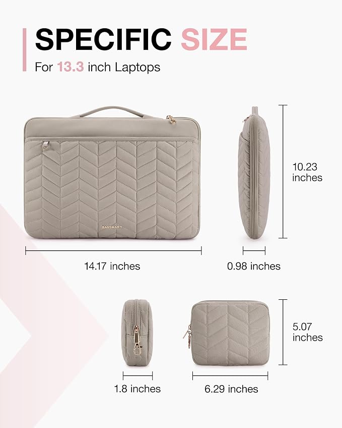 BAGSMART Laptop Case with Handle, Puffy Padded Laptop Bag Sleeve for Women, Portable MacBook Air/Pro Computer Case, 13-14 inch, Warm Gray