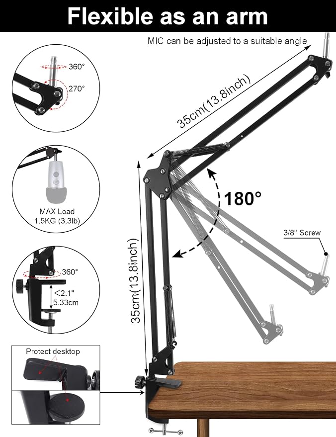 Mic Stand Boom Arm for Blue Yeti, Nano, HyperX QuadCast Snowball Fifine and More Mic, Adjustable Boom Arm Desk Microphone Stand with 3/8" to 5/8" 1/4" Screw, Pop Filter Mic Clip Cable Ties