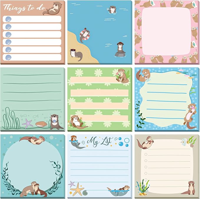 9 Pads Cute Sticky Notes Cartoon Self Stick Notepads 3x3 Inches Notes Adhesive Memo Pad Office Decor Gifts for Students School Teacher Office Meeting(Otter)