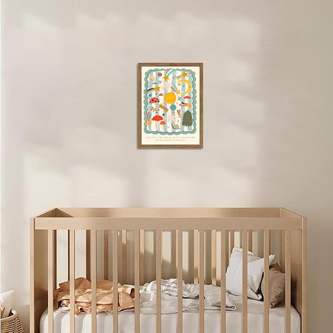 Framed Nursery Wall Art, Kids Inspirational Quote Canvas Wall Decor, Cute Insect Kids Room Prints Painting, Whimsical Sun and Moon Celestial Poster Pictures for Boys and Girls Room 12x16 Inch