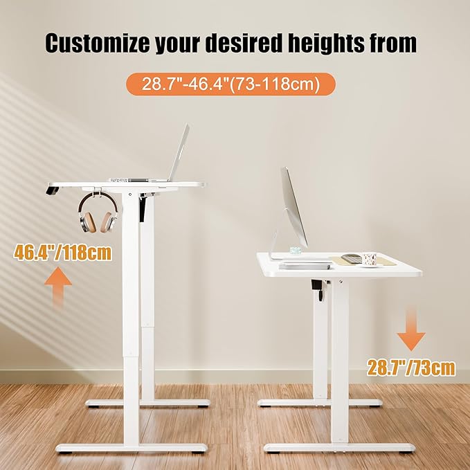 ERGOMAKER 47"x24" Standing Desk, Height Adjustable Sit-Stand Office, White | Electric Adjustable Standing Desk, Sit to Stand Computer Office Desk with Splice Board, Memory Preset, Lifts 28.7''-46.5"