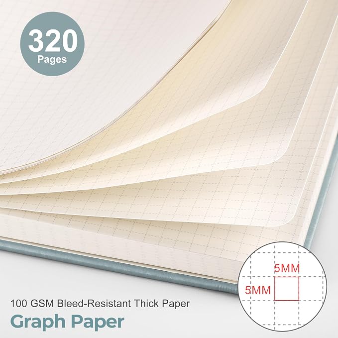 EMSHOI Graph Paper Notebook, 320 Pages, 100gsm Thick Paper, A5 PU Leather Hardcover, 5mm Grid Notebook for Work School Math Engineering Writing Graphing, Small 5.75"x8.38", Gray Blue