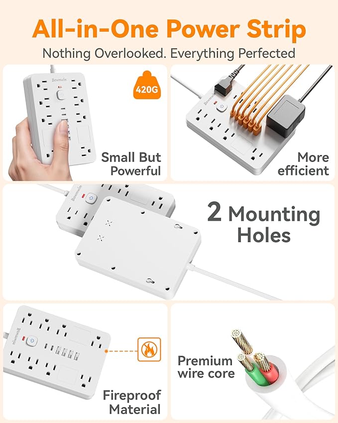 Surge Protector Power Strip - 8 Outlets(1850W/15A/14AWG) with 6 USB Ports（2 USB C, 10FT Flat Plug Extension Cord, Wall Mount Multi Plug Outlet Extender, ETL Listed for Home, Dorm Room, White