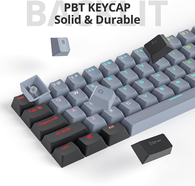 Guffercty kred 61-Keys PBT 60% Keycaps 60 Percent Shine-Through OEM Profile Keycaps Backlit US Layout for 60% Mechanical Keyboard (61 Grey Black)