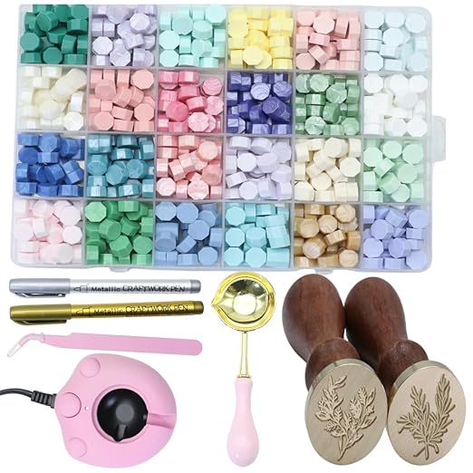 Eucalyptus Wax Seal Kit with 24 Colors WaxSealBeads 624pcs,Electric WaxSeal Warmer, Eucalyptus WaxSeal Stamp, SealingWax Spoon, WaxSealPen, Tweezer,Wax Seal Stamp kit (24C)