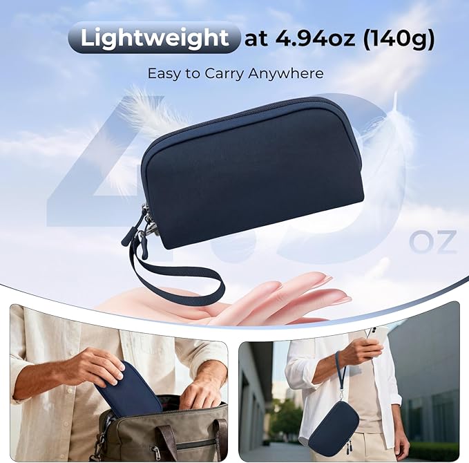 FYY Travel Cable Organizer - 8 Compartments Lightweight Water Resistant Tech Pouch with Wrist Strap, Portable Electronic Accessories Case for Cord Charger Storage for Travel Home Office Navy (Large)
