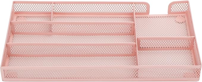 Annova Desk Drawer Organizer Tray for Office Organization - Metal Mesh - Storage Tray with Dividers for Pens, Desktop Accessories, Bathroom, Kitchen, Makeup and Office Supplies (Small, Light Pink)