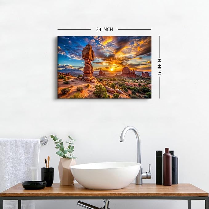 Arches National Park Wall Art Nature Sunset Desert Pictures Living Room Wall Decor USA Moab Utah Wilderness Scenery Canvas Painting Green Botanical Posters Prints Artwork Bathroom Decorations 16x24"